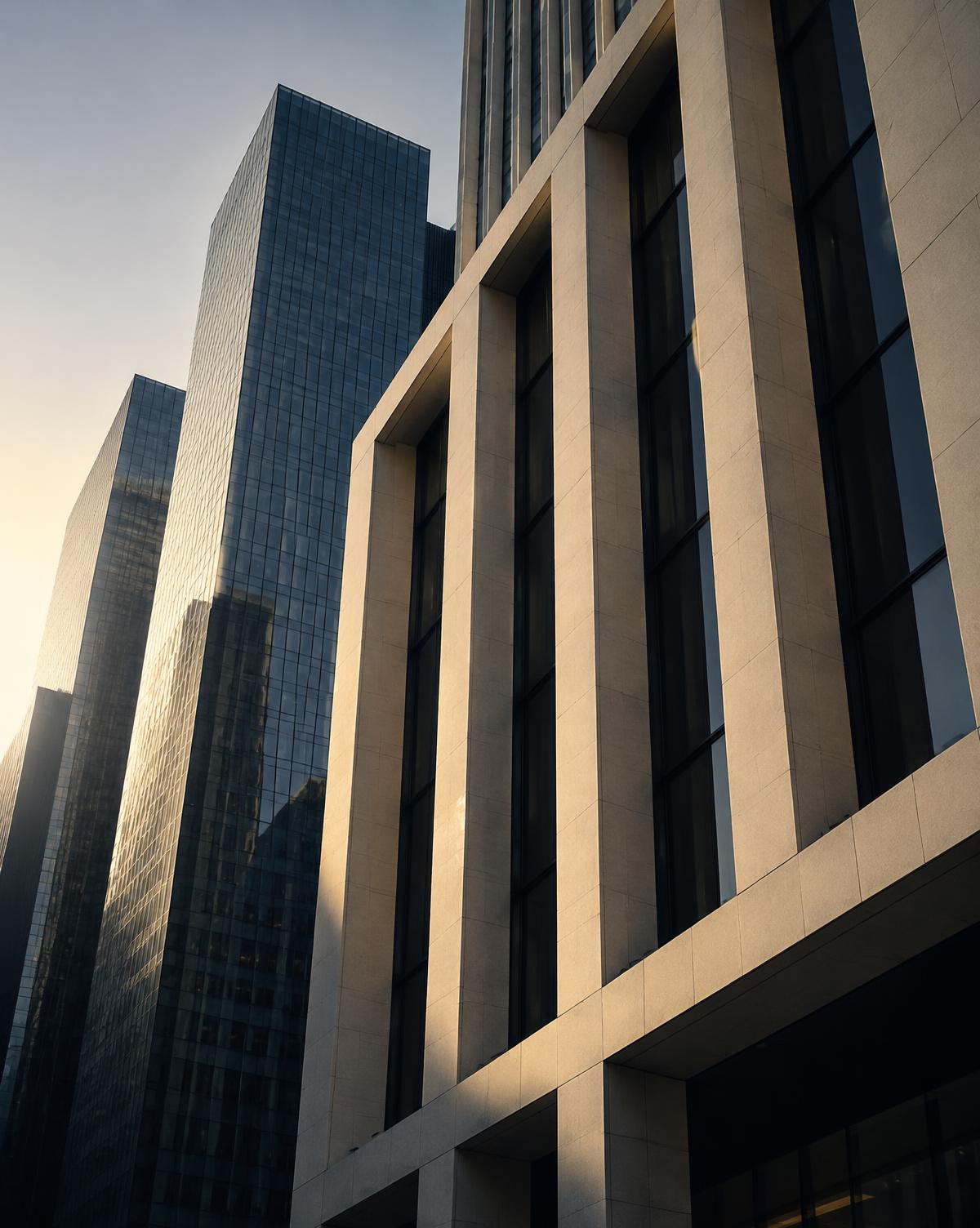 Stone and glass office facades in morning light