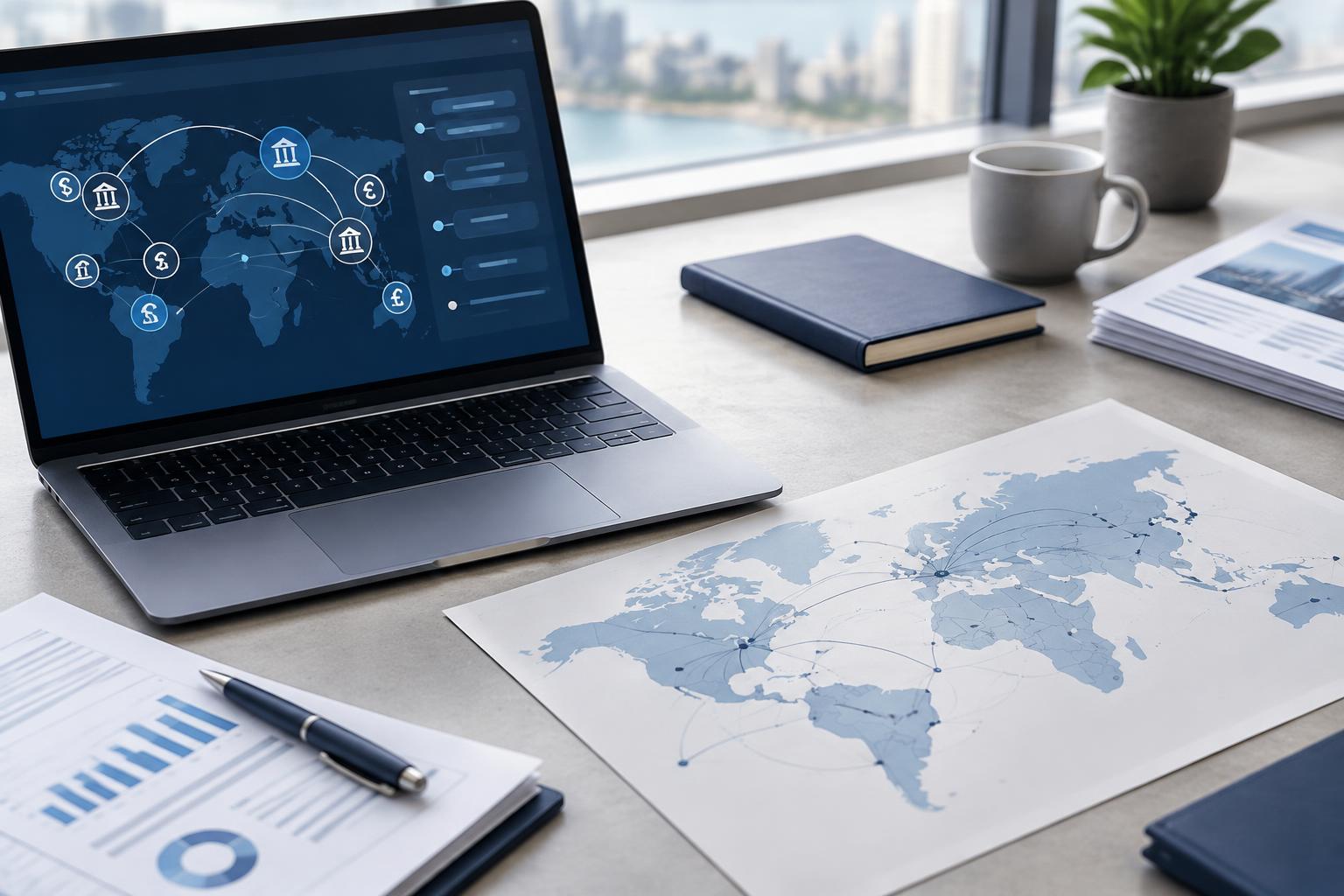 Illustrative cross-border banking workspace with a payment network map