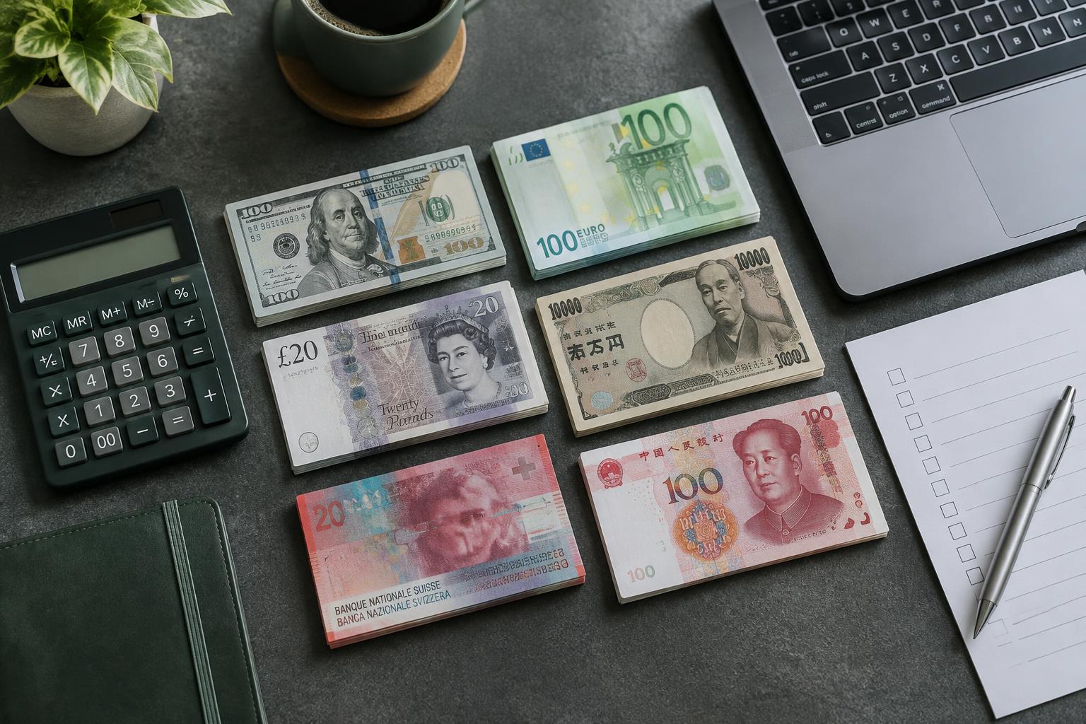 Illustrative foreign exchange workspace with international currencies and a checklist