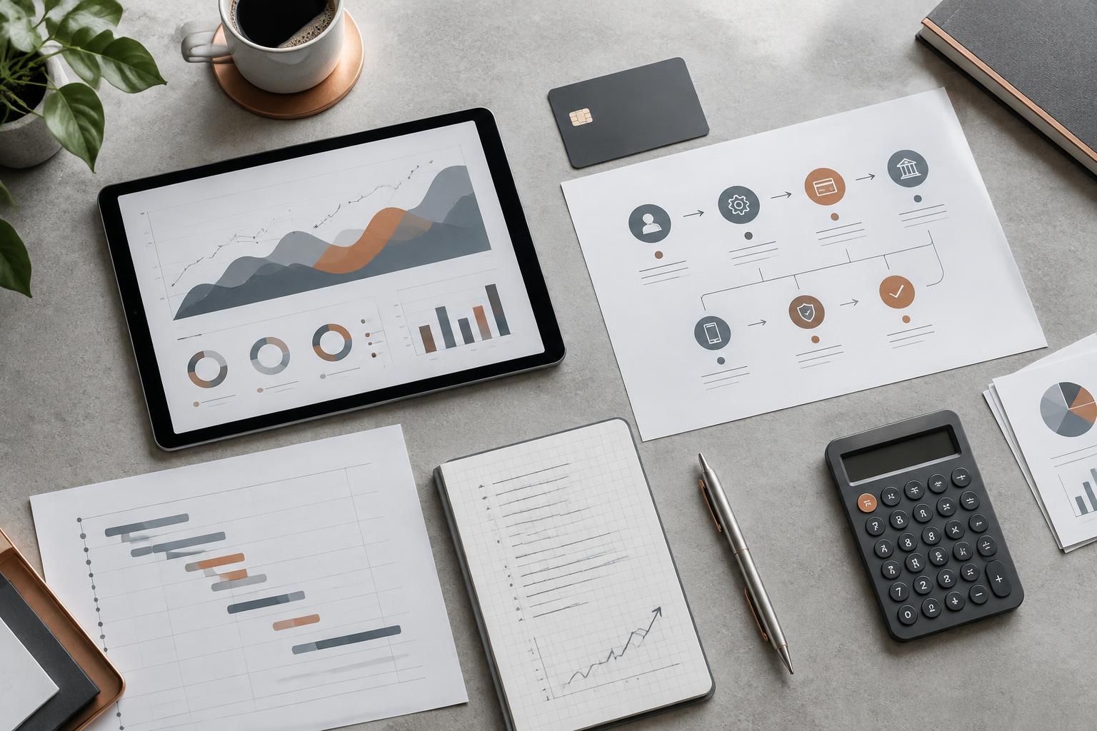 Payment flow diagrams, a tablet and project planning materials